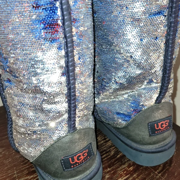 Limited edition Ugg blue orange sequin sheeling leather boots sz 7 - Picture 5 of 12
